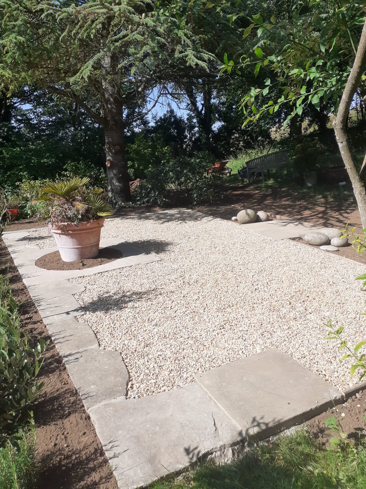 A sunny garden courtyard with gravel pathways, terracotta planter, concrete stepping stones, and mature trees providing shade overhead