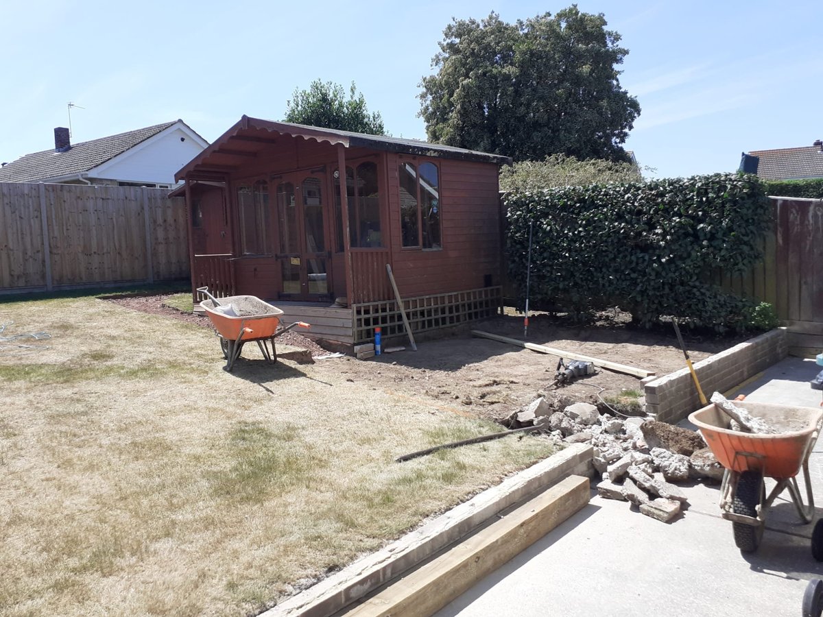 Timber outbuilding in a back garden with wooden fencing, set on a prepared base